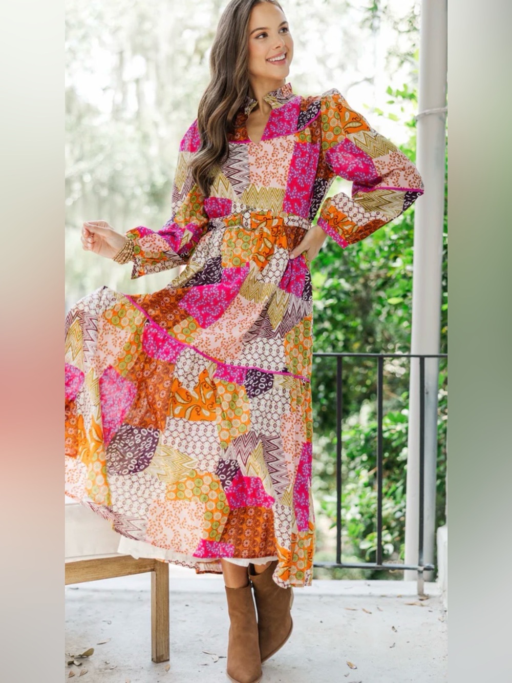 Boho Patchwork Fate: Happy For You Fuchsia Pink Patchwork Midi Dress small A673
